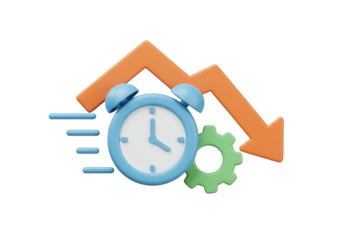 Isolated Clock with Downward Arrow and Cog, 3D Render Showing Loss of Time and Productivity