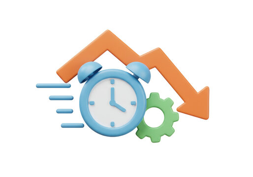 Isolated Clock with Downward Arrow and Cog, 3D Render Showing Loss of Time and Productivity