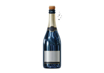 Isolated bottle of sparkling wine, uncorked, with the bubbles emerging around it
