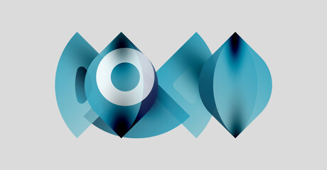 Abstract design features layered blue shapes. Circular elements create depth, suggesting movement, technology, innovation. Minimalist aesthetic, clean lines.