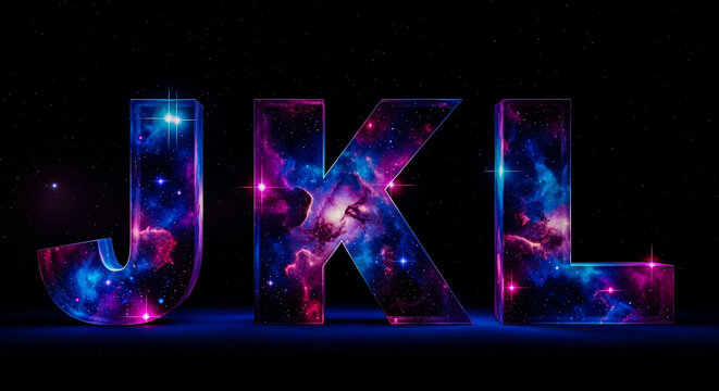 Three translucent, glowing letters J, K, and L filled with vibrant nebulae and stars, set against a deep, dark, and mysterious background.