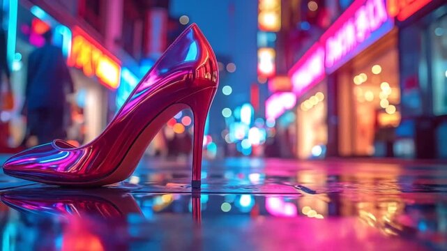 Red High Heel Shoe on Neon City Street, Nightlife Fashion