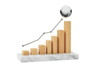 Isolated wooden bar graph with rising line and globe, business profit analysis concept