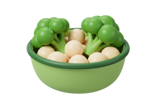 Isolated bowl of toy vegetables including broccoli and eggs, wooden, pretend food