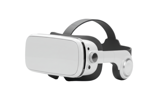 Isolated VR headset with gray strap and realistic appearance for simulated environment