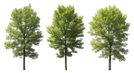Three trees with green foliage isolated on white background in a row