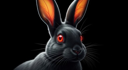Mysterious Black Rabbit with Glowing Red Eyes on Black Background