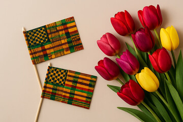 Two kente cloth flags and a bouquet of colorful tulips