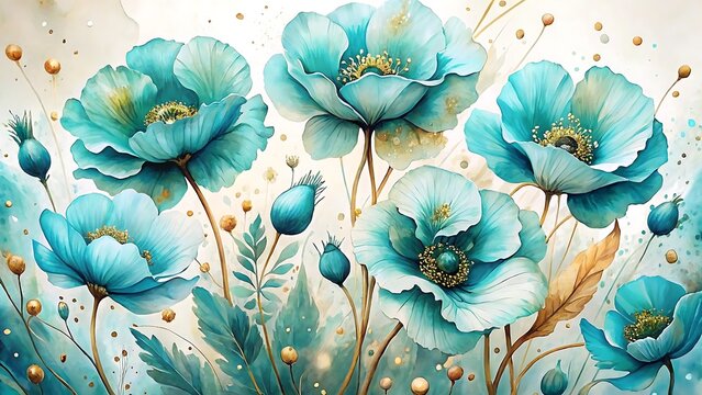 Beautiful watercolor painting of vibrant teal poppies with delicate gold accents and soft green foliage in a dreamy garden setting