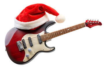 Red electric guitar with Santa hat, cream pickguard, chrome hardware, festive holiday music instrument, isolated on a transparent background