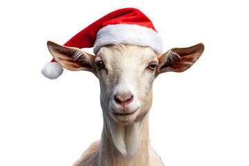 White and tan goat wearing red Santa hat, farm animal Christmas portrait, long ears, festive holiday, isolated on a transparent background