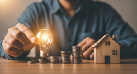 Hand holding light bulb with house model and coins for investment and saving