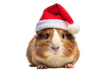 Brown guinea pig wearing red Santa hat, black eyes, orange white fur, pink nose, isolated on a transparent background