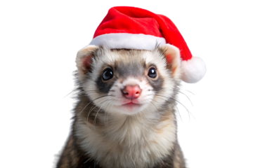Ferret wearing red Santa hat, masked face, pink nose, whiskers, brown white fur, isolated on a transparent background