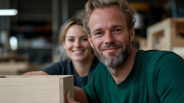 Craftsmen Building Together: A collaborative woodworking project featuring two smiling individuals constructing a wooden object in a workshop. Teamwork in action!