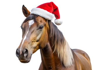 A brown horse with flowing mane and white facial markings wearing a red Santa hat, isolated on a transparent background
