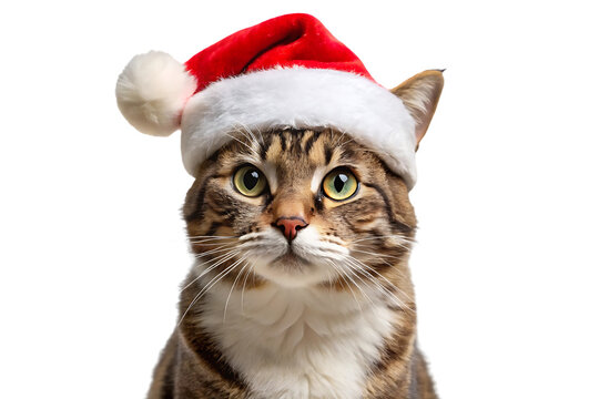 A tabby cat with green eyes and striped fur pattern wearing a red Santa hat, isolated on a transparent background