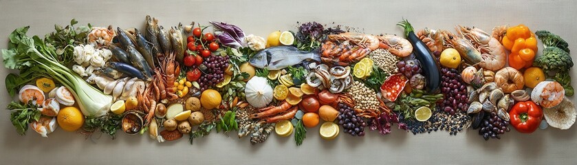 Fresh Seafood and Colorful Fruits and Vegetables Display
