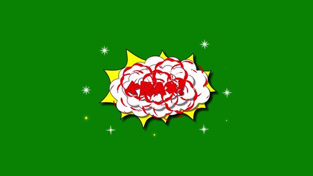 Krak! Comic text animation, clouds floating in the sky, cartoon style, word expression with star twinkle, magic splash, smoke, Colorful comic book design on a green background for marketing. 4K