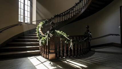 Sunlit grand wooden staircase in a historic mansion decorated for the winter holidays. - Powered by Adobe