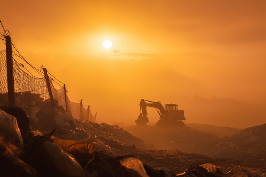 Excavator working at a landfill site during sunset, surrounded by mist and debris, creating a dramatic atmosphere of environmental impact and industrial activity
