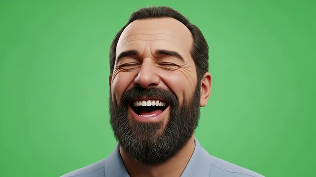 A man with a beard laughing heartily with his eyes closed on a green background