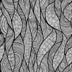 Hand drawn black and white boho chic tribal ethnic seamless pattern, textile texture and ornate motif, mixed media design for fabric, wallpaper, wrapping paper, fashion prints and decorative art 