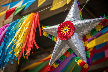Traditional mexican star pi ata decorated with colorful streamers and flags