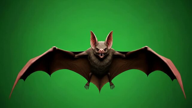 A scary vampire bat with wings spread wide against a green background