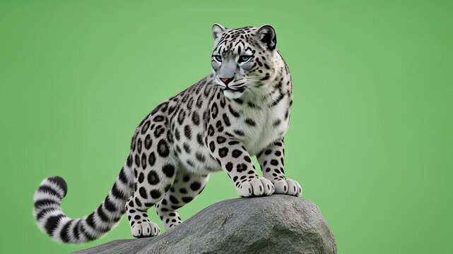 A majestic snow leopard poses on a rock against a vibrant green background