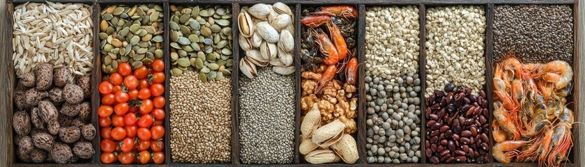 Obraz premium Organic assorted seeds, nuts, grains, and seafood variety