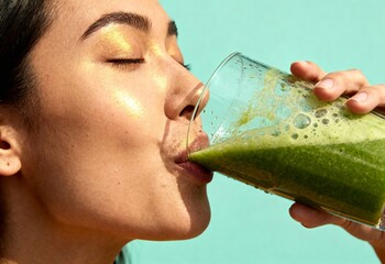 eautiful woman on a healthy diet drinking a fresh vegetable juice for wellness