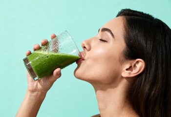 Healthy young woman enjoying and drinking a delicious green detox smoothie