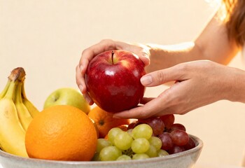Close up of a person selecting a ripe apple from a fruit bowl, concept of healthy eating and diet