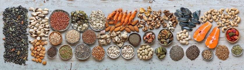 Obraz premium Assorted Healthy Nuts, Seeds, and Seafood on Table