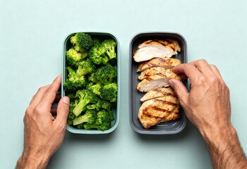 Top view of a man's hands preparing a healthy high-protein lunch with grilled chicken and broccoli