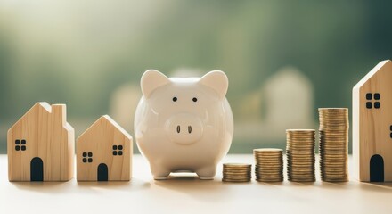 Piggy bank with wooden houses and stacks of coins for saving money concept