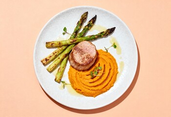 Gourmet pork tenderloin medallion with roasted asparagus and sweet potato puree
