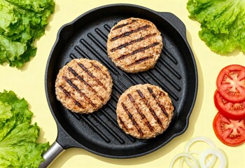 Grilled turkey burger patties cooking in a cast iron grill pan with fresh vegetables