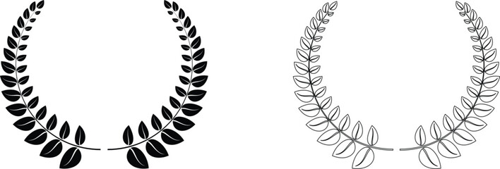 Laurel wreath icon set. Black circular laurel olive branches greek wreath. Vintage laurel wreaths. Winner award of olive leaves, stars of victory, achievement heraldry symbol. Vector illustration.