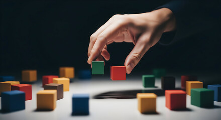 Naklejka premium Strategic hand placing vibrant blocks for innovative business solution