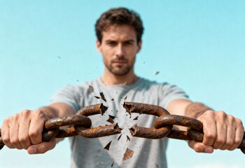 Man showing immense strength and willpower while overcoming adversity by breaking a rusty chain