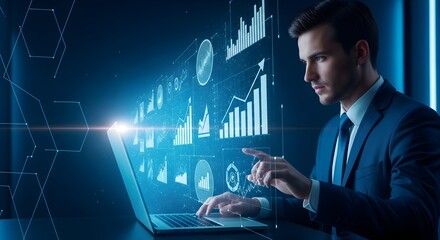 Business professional analyzing data on laptop with futuristic interface.
