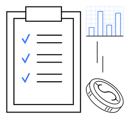 Clipboard with check marks, coin symbolizing money, and bar graph illustrating progress. Ideal for goal tracking, business planning, financial management, productivity, analytics, budgeting simple