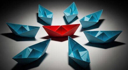 A red paper boat leads a group of blue boats, symbolizing leadership and teamwork