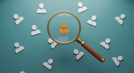 Magnifying glass focusing on an individual, symbolizing recruitment and job search