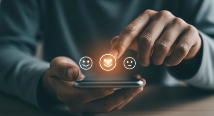 Customer satisfaction survey on mobile phone with positive feedback and happy face