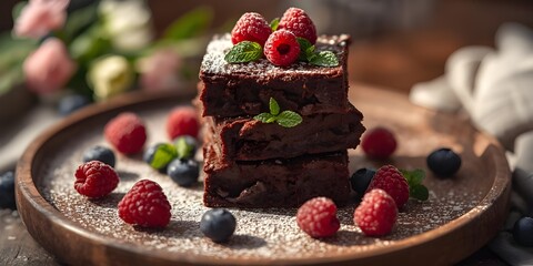 "Editorial food photo, chocolate brownies arranged in layers, garnished with raspberries, powdered sugar dusting, placed with mint leaves for freshness, styled on wooden board, professional DSLR food 