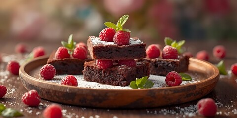 Chocolate cake with strawberries and cream on plate