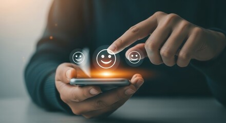 Customer is giving a positive feedback rating with smiley face on mobile phone